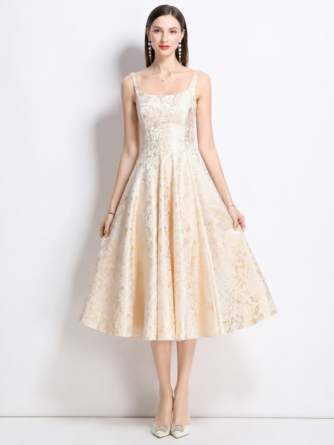 Cream Jacquard A-Line Midi Dress