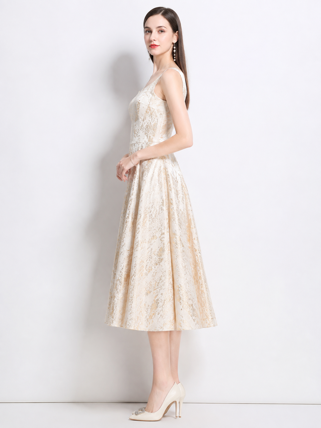 Cream Jacquard A-Line Midi Dress