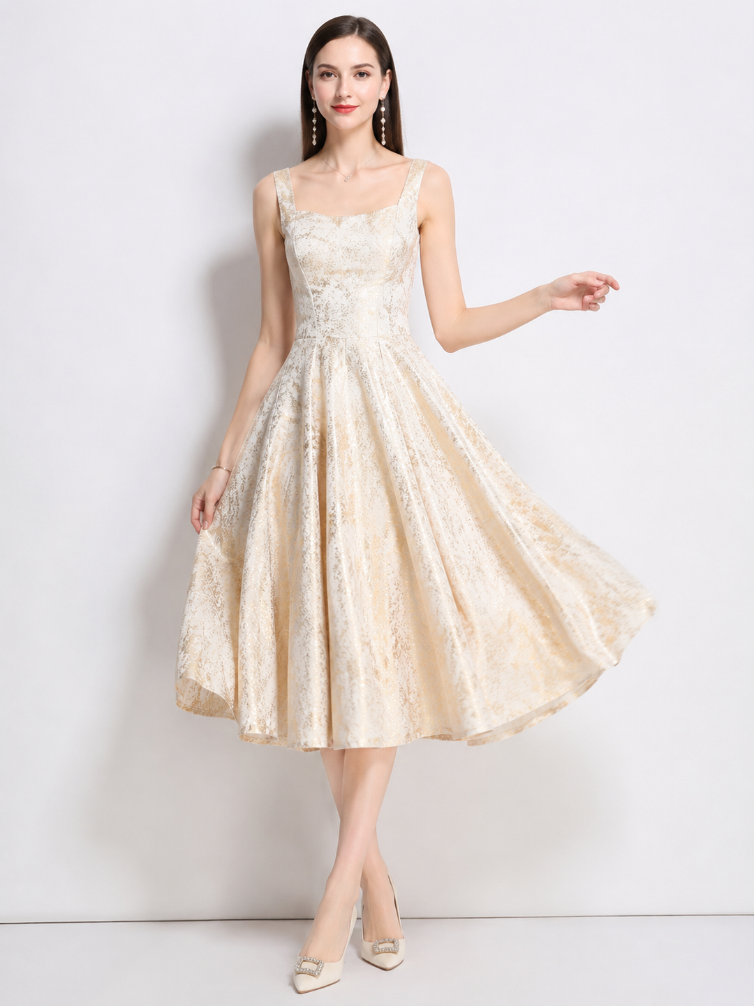 Cream Jacquard A-Line Midi Dress