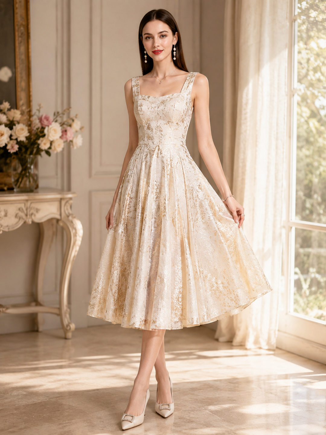 Cream Jacquard A-Line Midi Dress