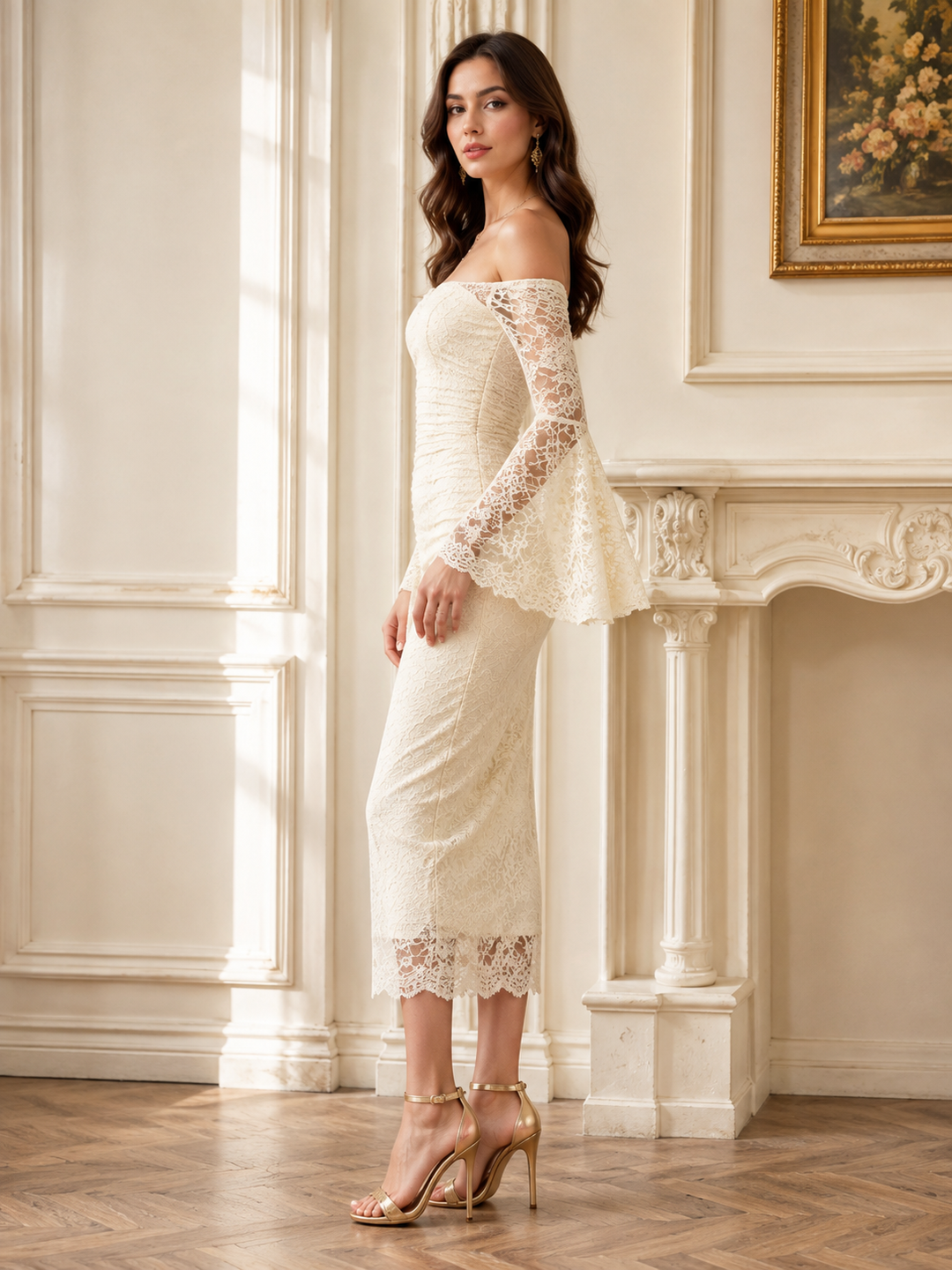 Off-Shoulder Lace Midi Dress