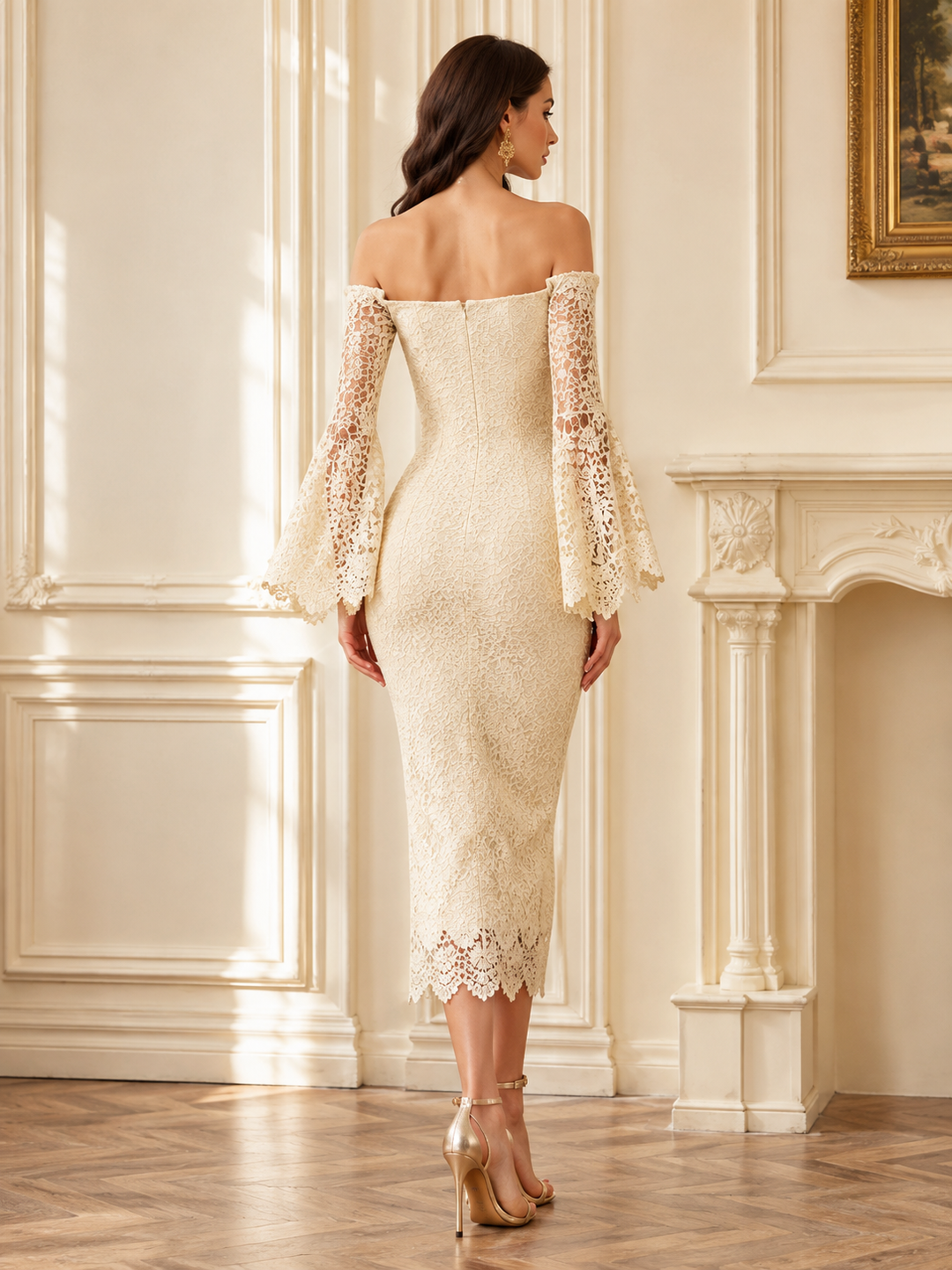 Off-Shoulder Lace Midi Dress