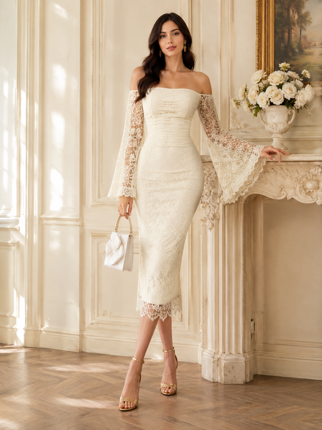 Off-Shoulder Lace Midi Dress