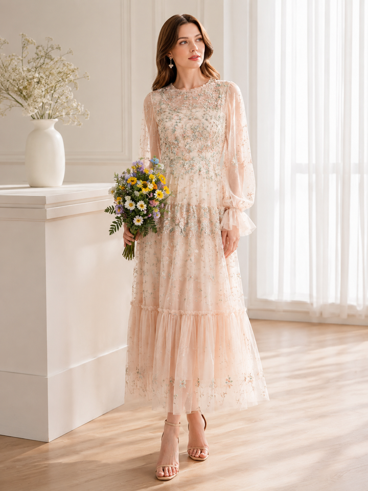 Floral Tulle Layered Maxi Dress