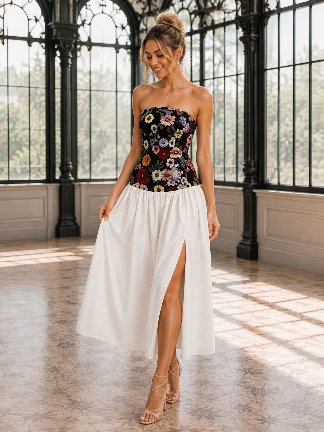Floral Embroidered Tube Maxi Dress