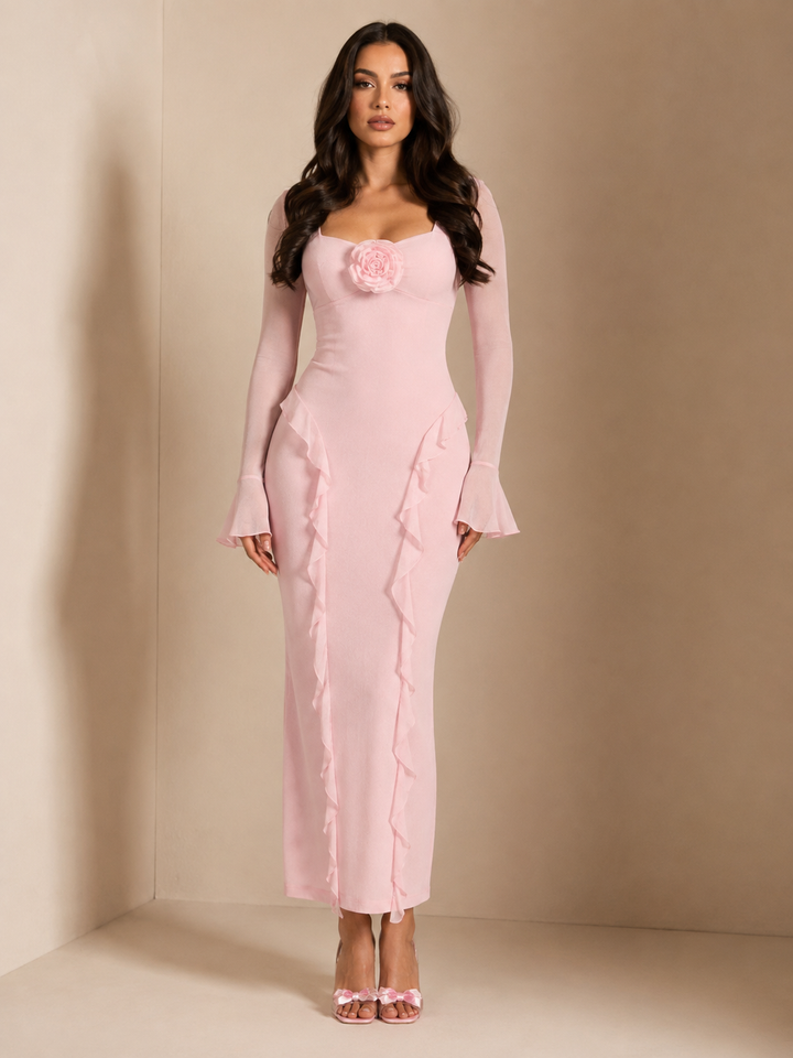 Ruffled Maxi Dress with Floral Detail