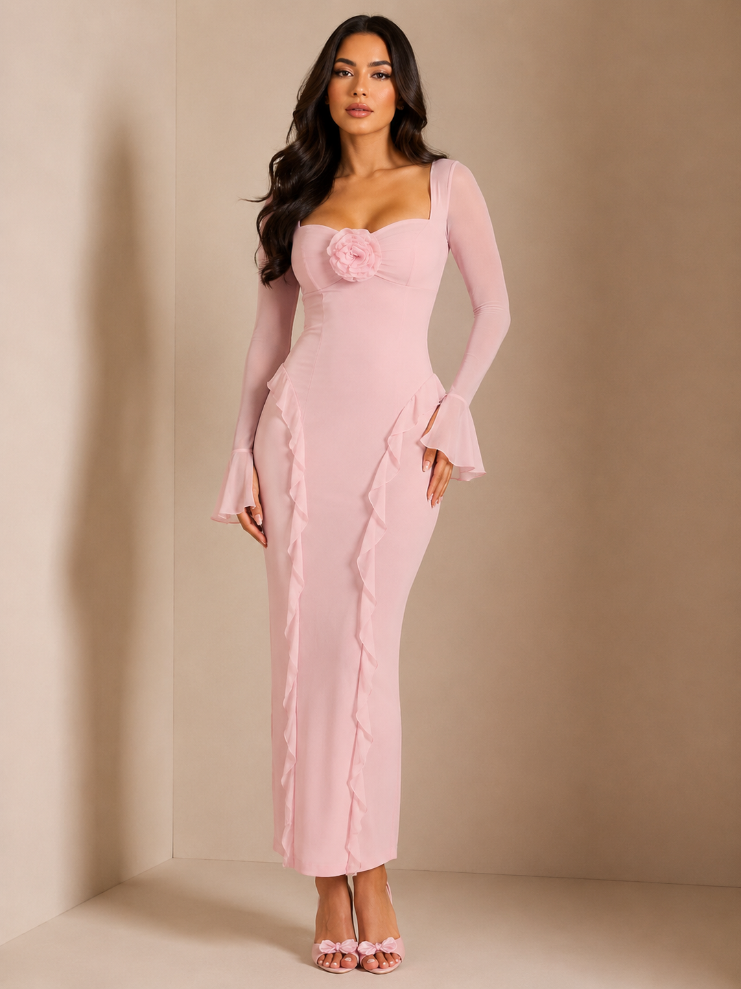 Ruffled Maxi Dress with Floral Detail