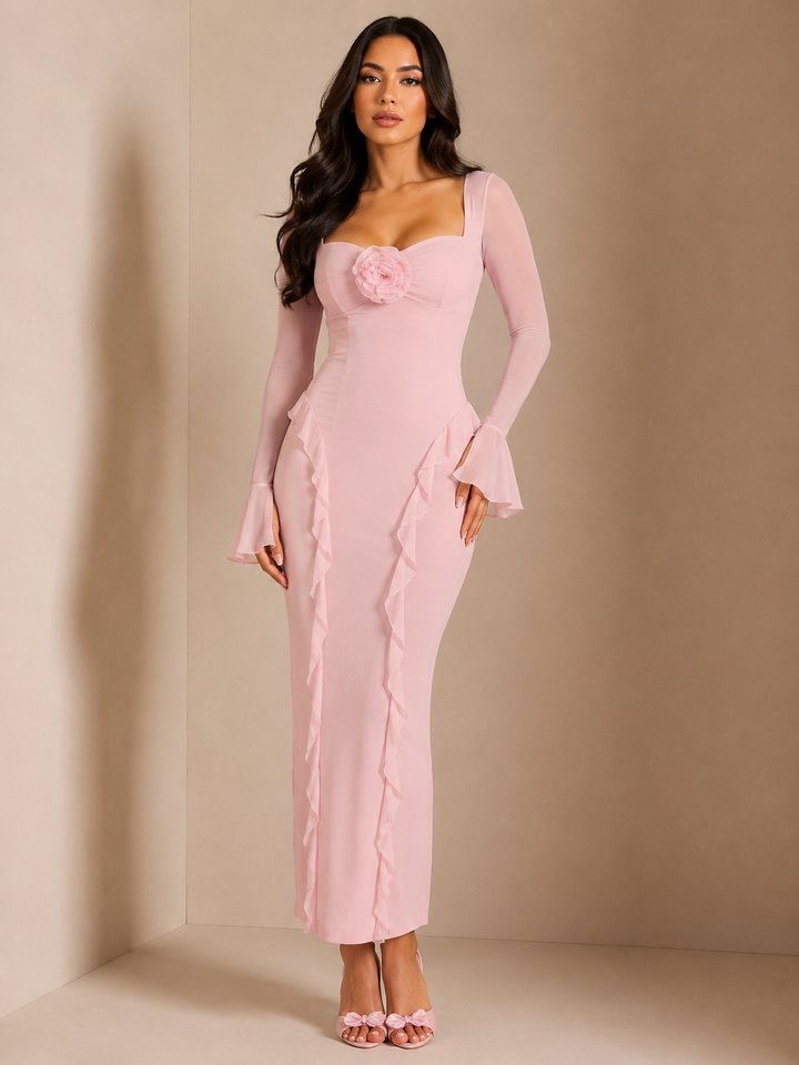Ruffled Maxi Dress with Floral Detail