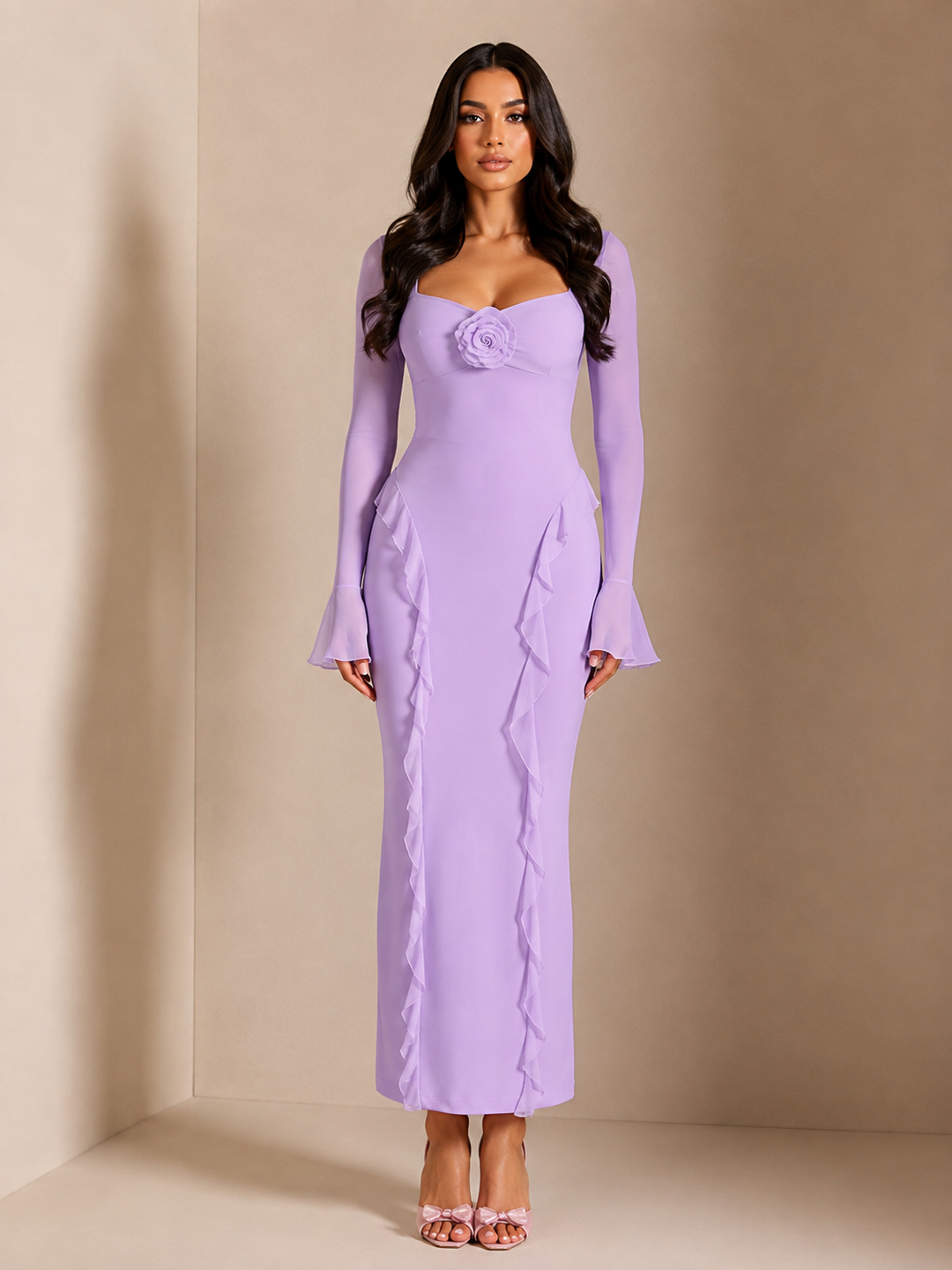 Ruffled Maxi Dress with Floral Detail