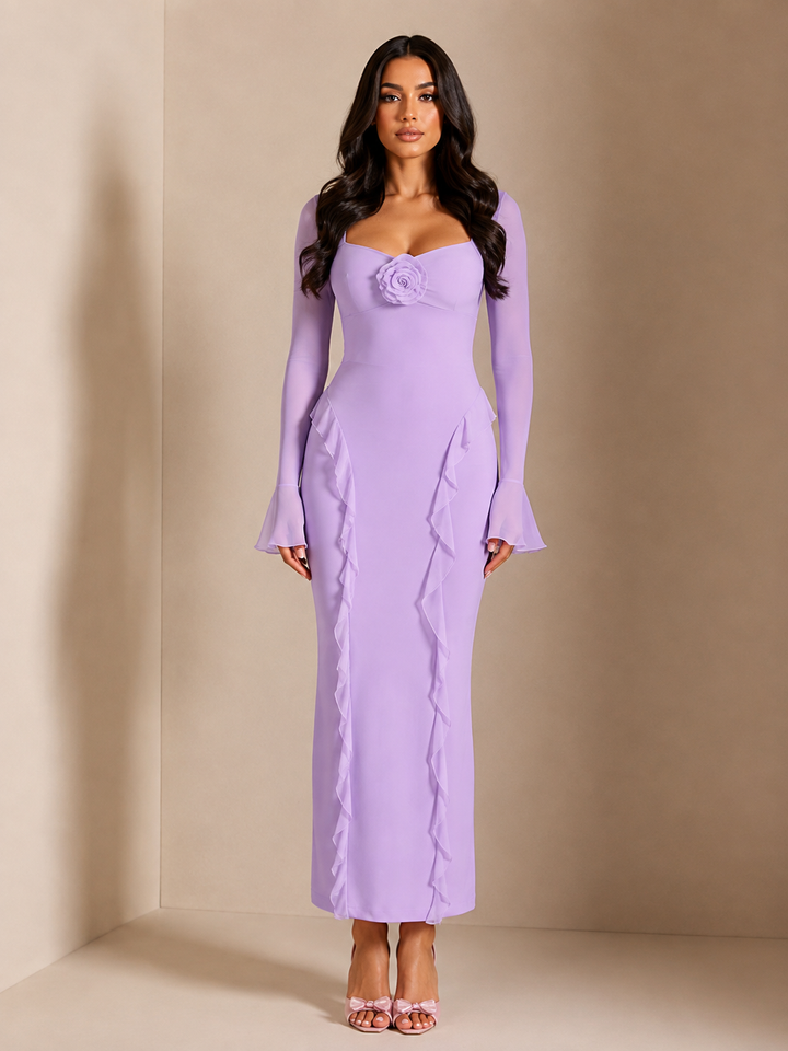 Ruffled Maxi Dress with Floral Detail