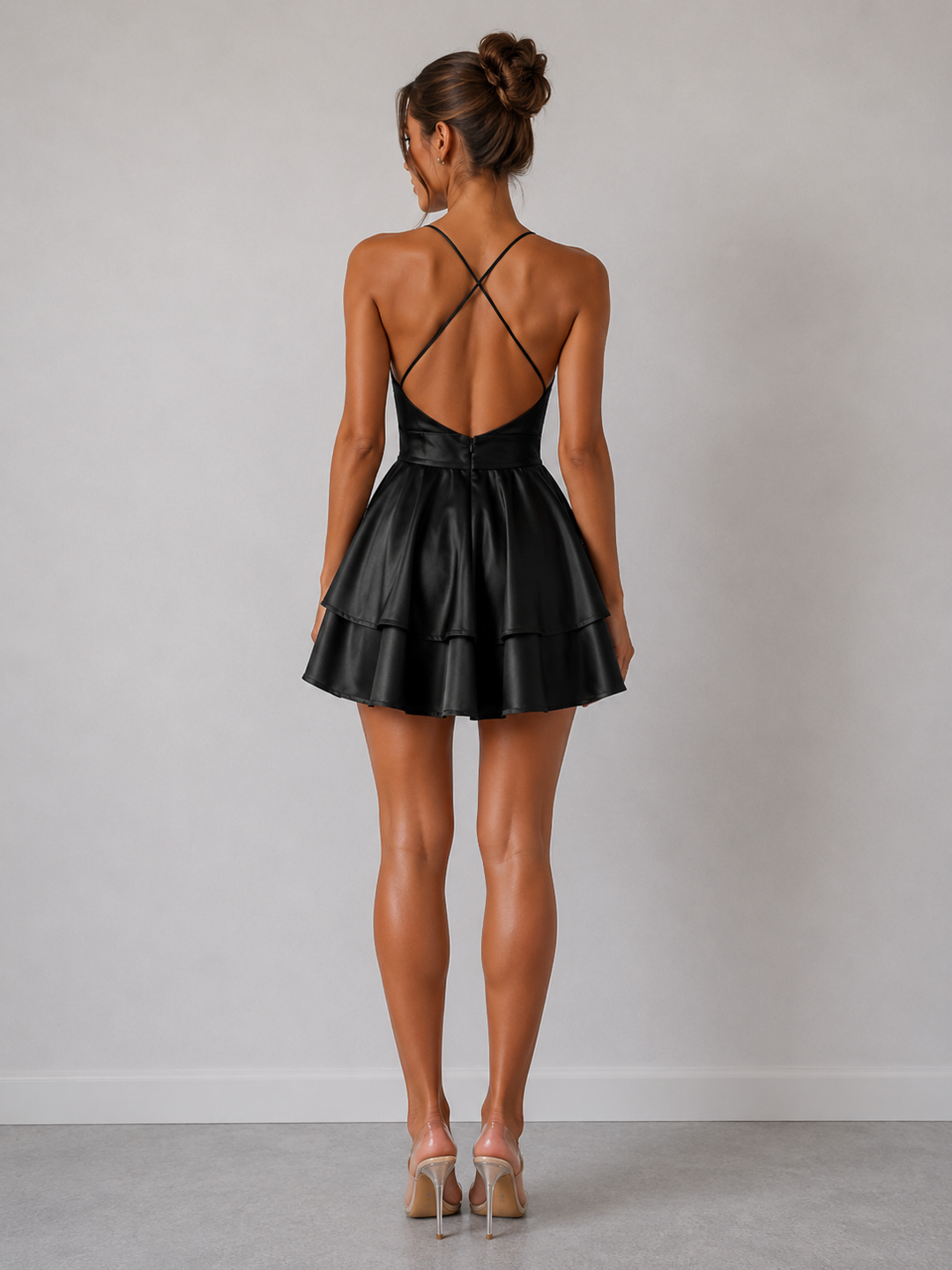 Satin Tie-Back Flounce Mini Dress
