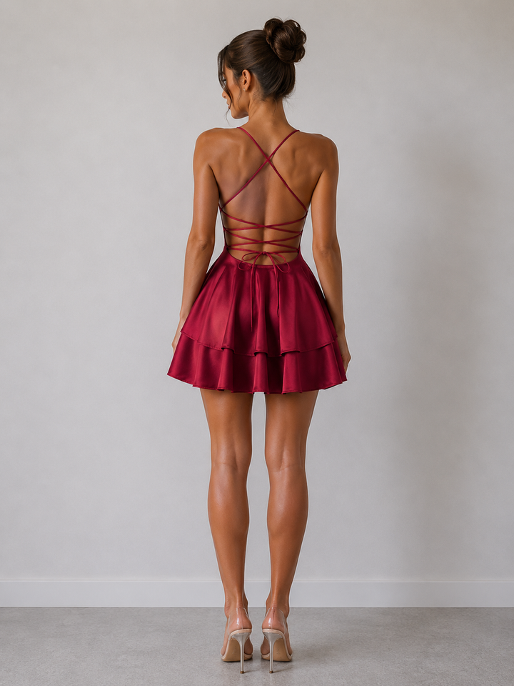 Satin Tie-Back Flounce Mini Dress
