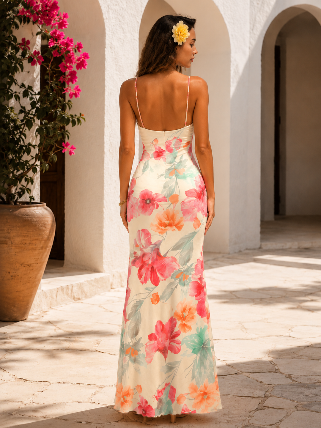 Floral Backless Fishtail Maxi Dress