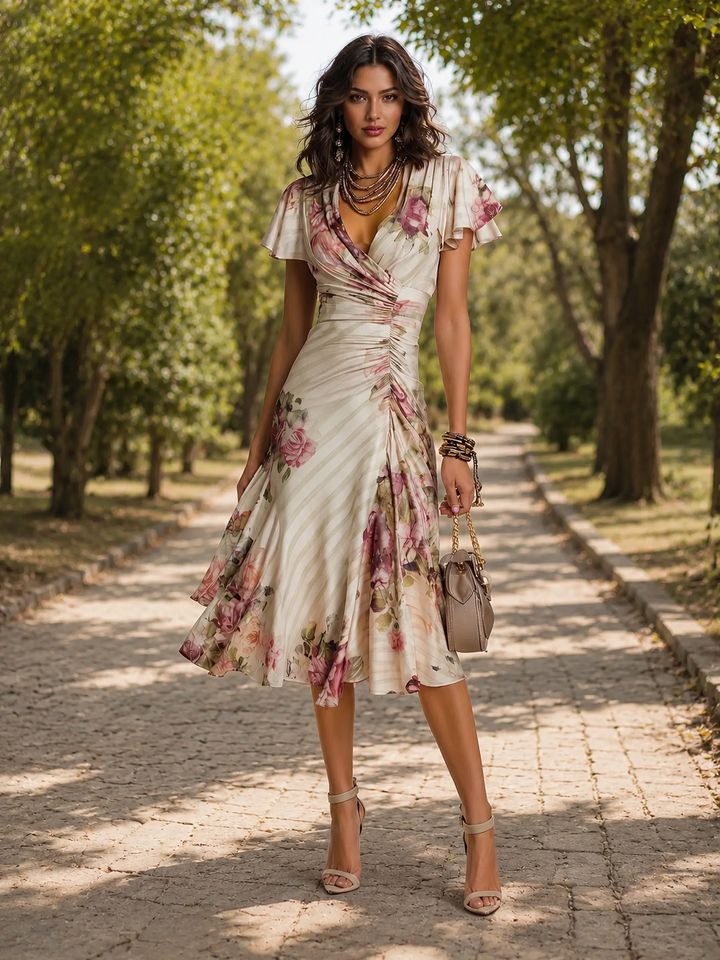 Printed V-Neck Midi Dress