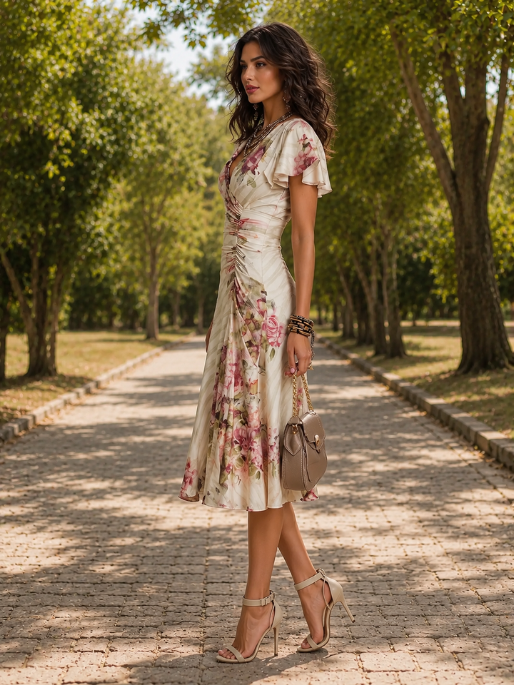 Printed V-Neck Midi Dress