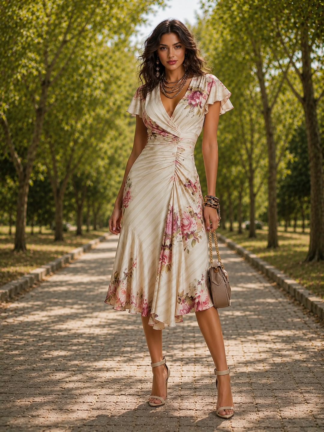 Printed V-Neck Midi Dress