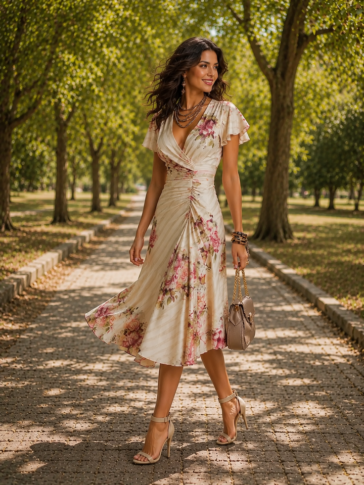 Printed V-Neck Midi Dress