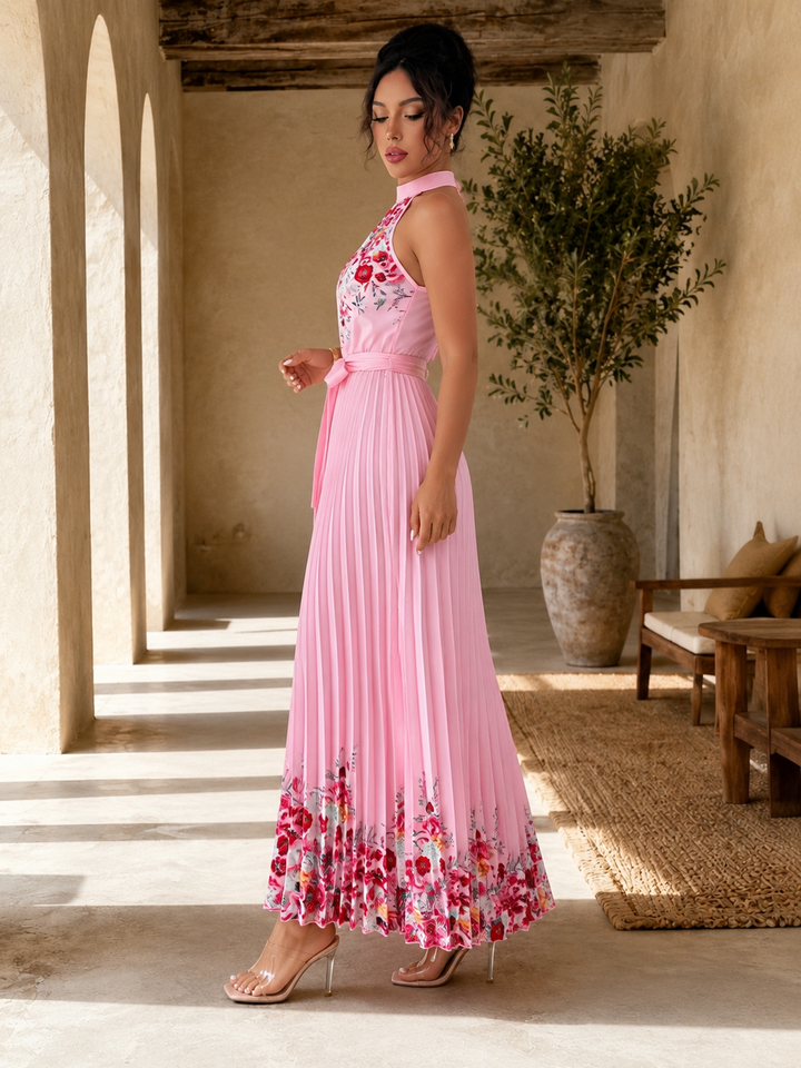 Pleated Floral Chiffon Maxi Dress