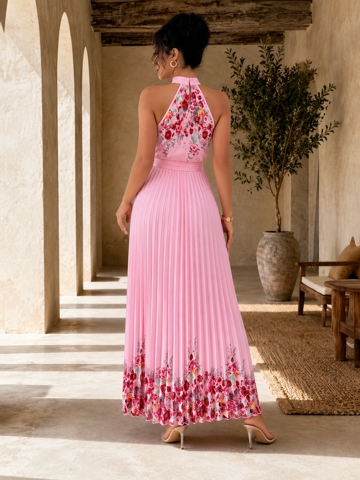 Pleated Floral Chiffon Maxi Dress