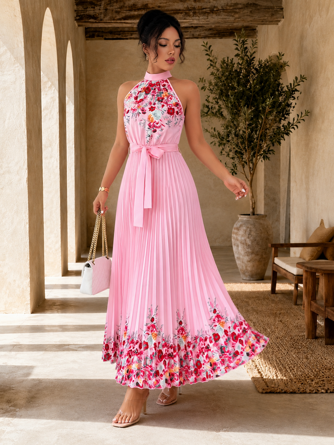 Pleated Floral Chiffon Maxi Dress
