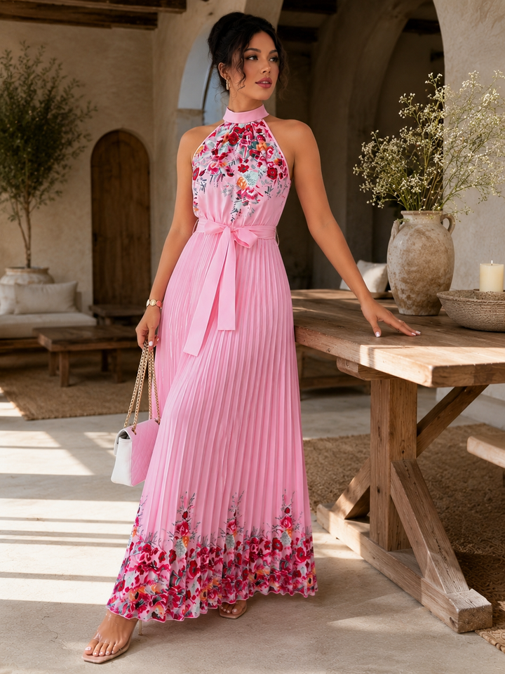 Pleated Floral Chiffon Maxi Dress
