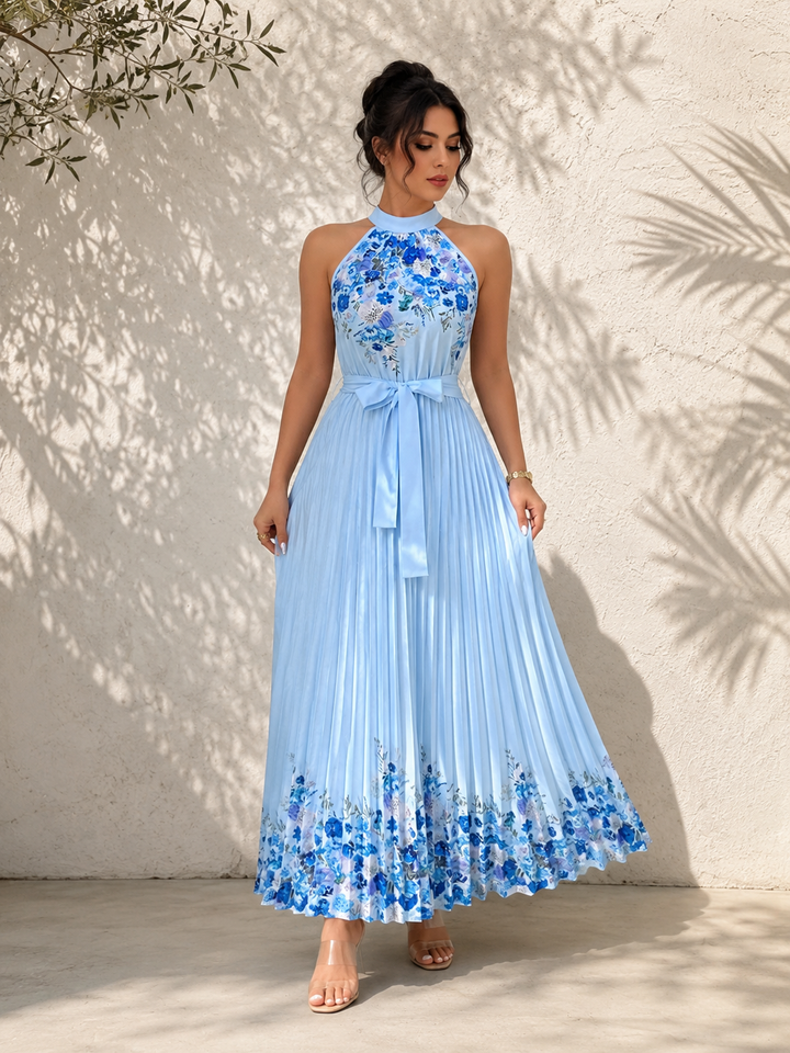 Pleated Floral Chiffon Maxi Dress