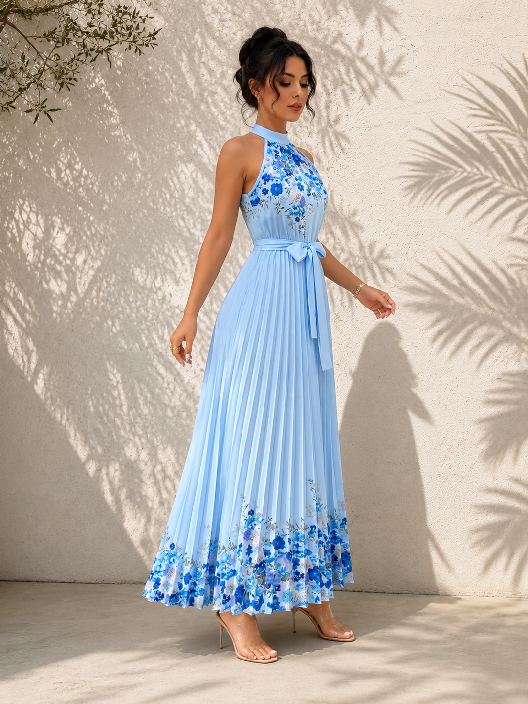 Pleated Floral Chiffon Maxi Dress