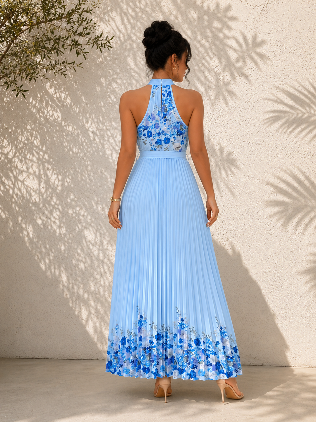 Pleated Floral Chiffon Maxi Dress