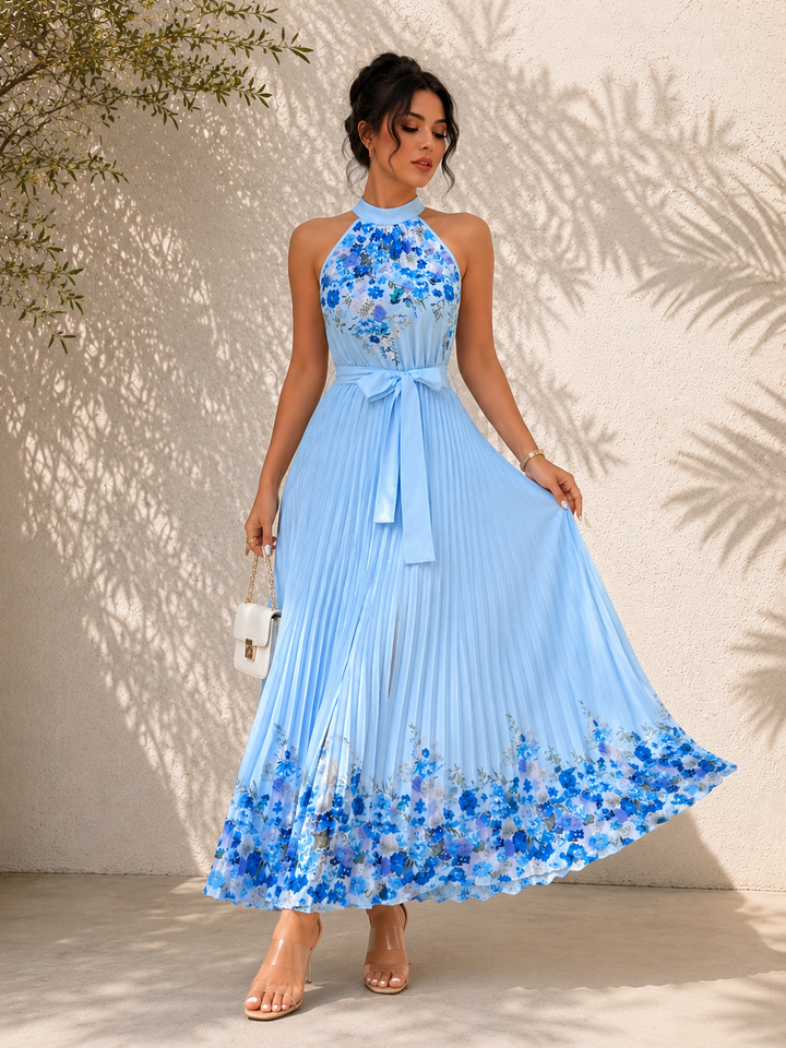 Pleated Floral Chiffon Maxi Dress