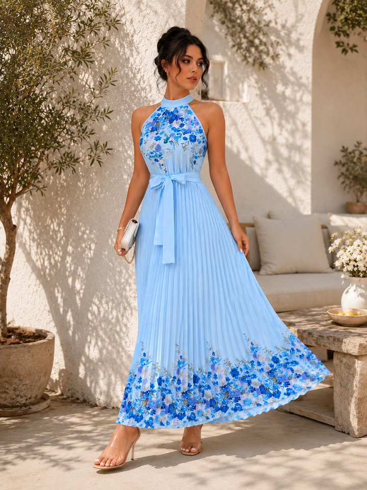 Pleated Floral Chiffon Maxi Dress