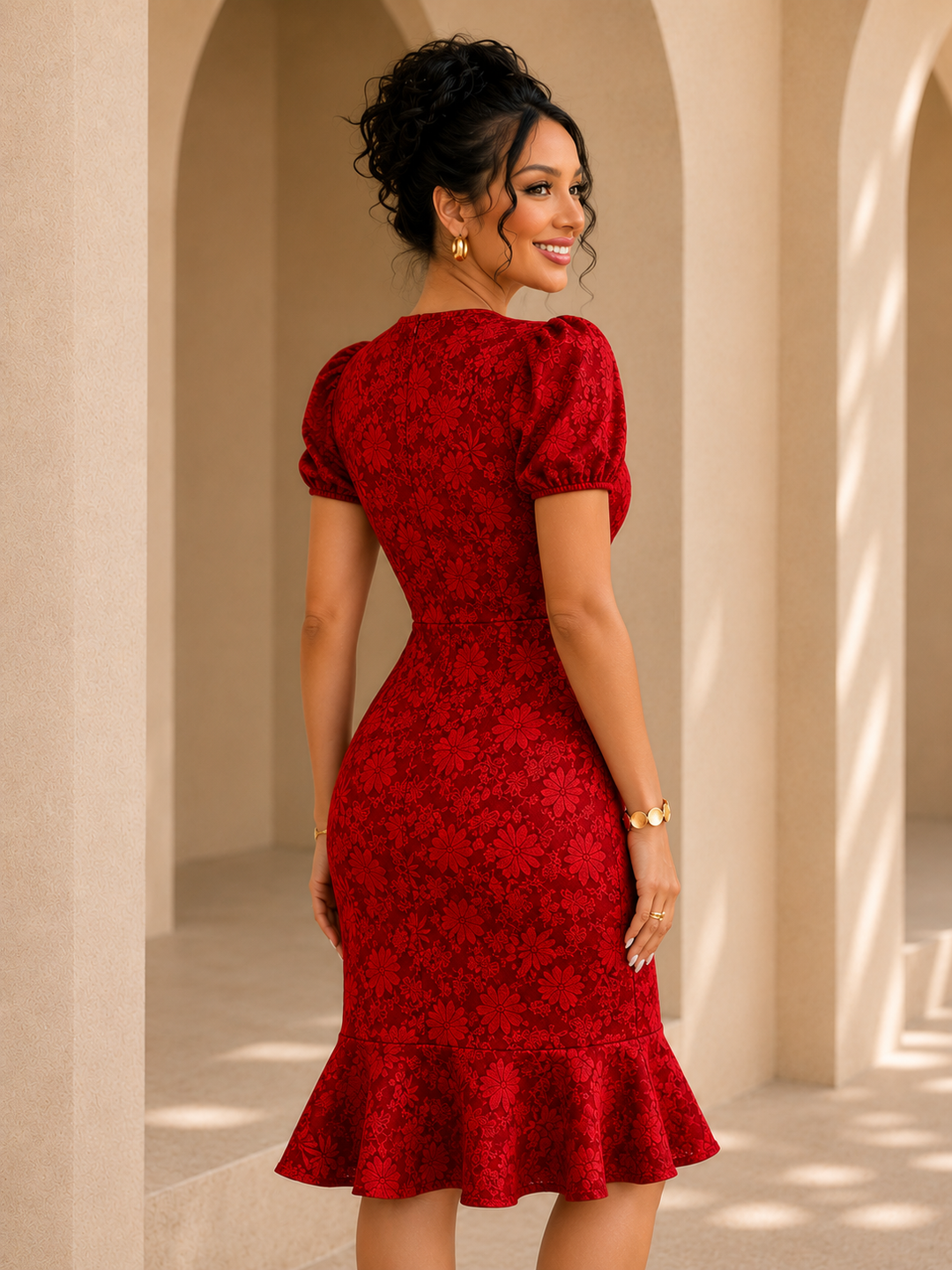 Floral Lantern Sleeve Bodycon Dress