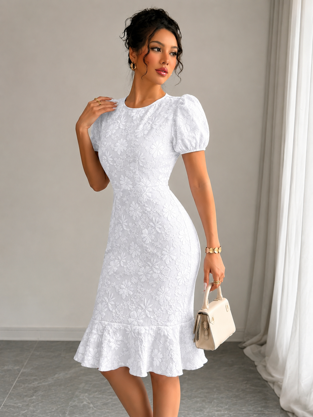 Floral Lantern Sleeve Bodycon Dress