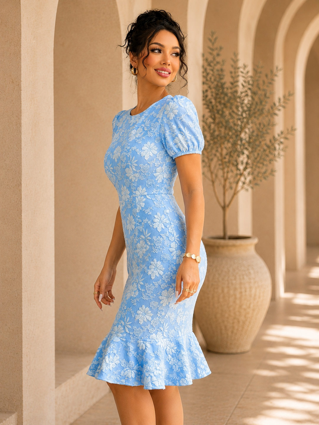 Floral Lantern Sleeve Bodycon Dress