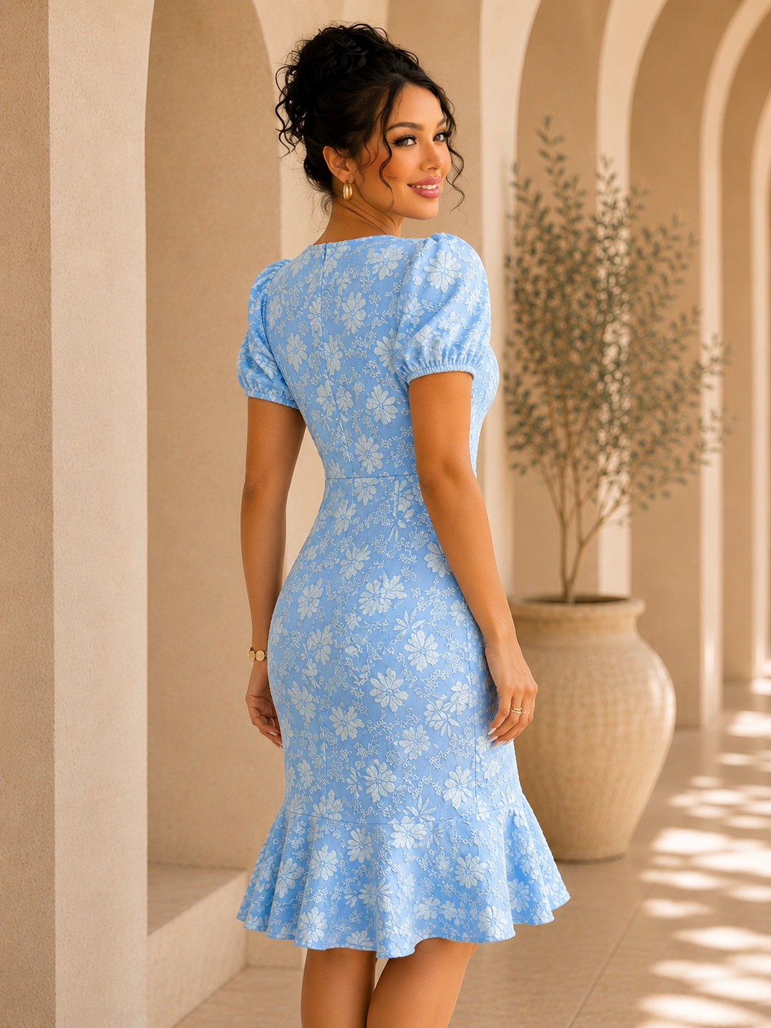 Floral Lantern Sleeve Bodycon Dress