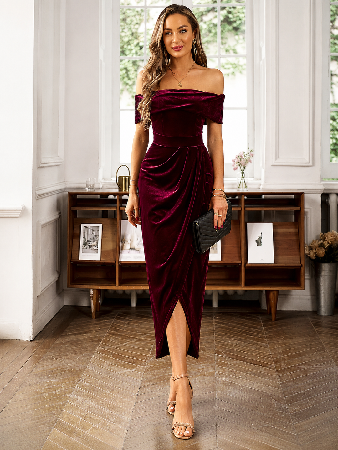 Elevate Your Style with Our Velvet Off-Shoulder Midi Dress