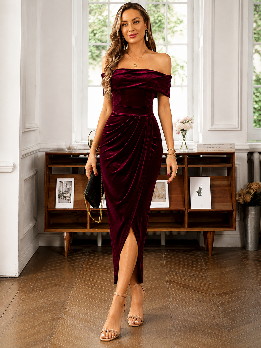 Elevate Your Style with Our Velvet Off-Shoulder Midi Dress