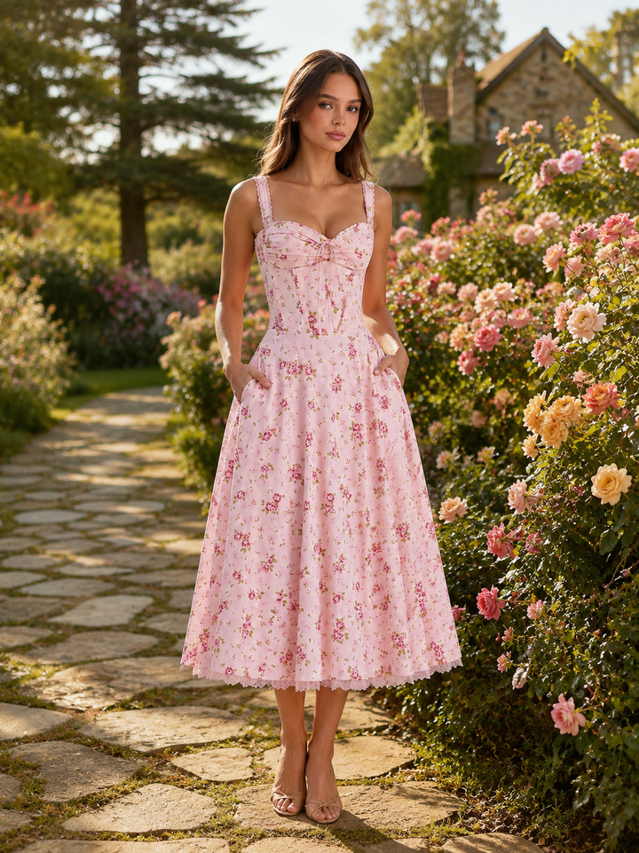 Blush Floral Corset Midi Dress