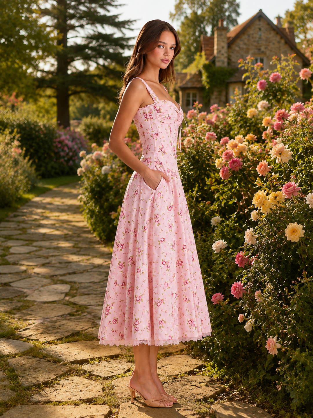 Blush Floral Corset Midi Dress
