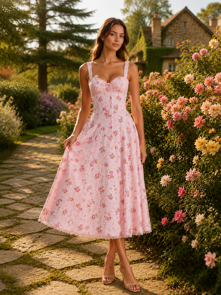 Blush Floral Corset Midi Dress