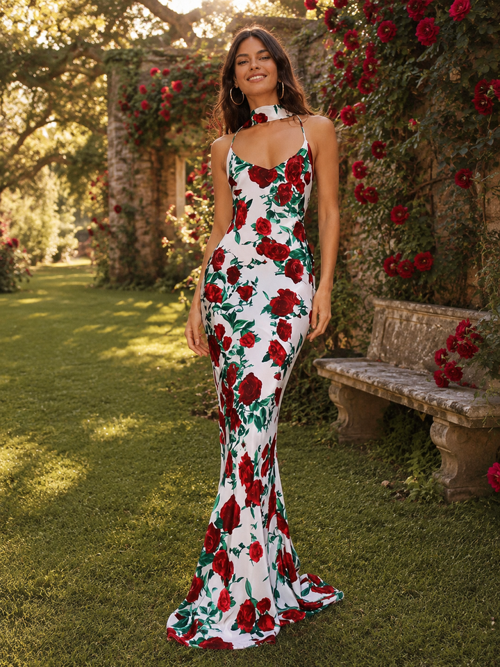 Backless Floral Fishtail Maxi Dress