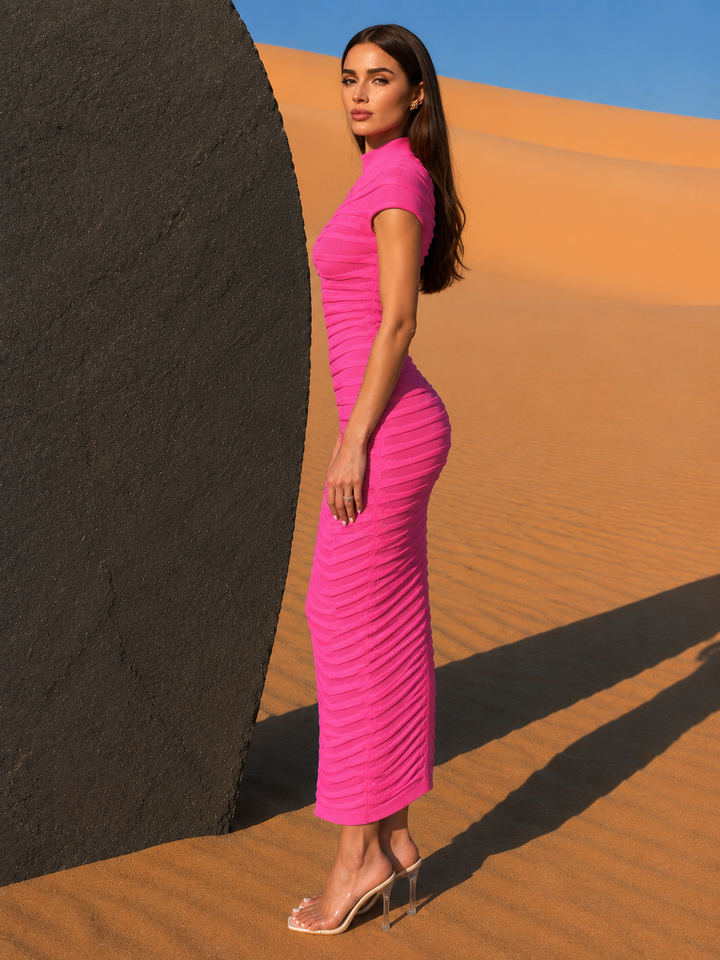 Textured High Neck Bodycon Maxi Dress
