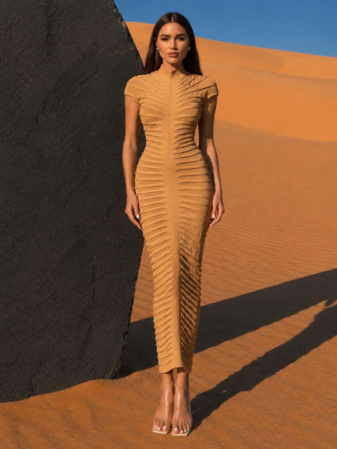 Textured High Neck Bodycon Maxi Dress