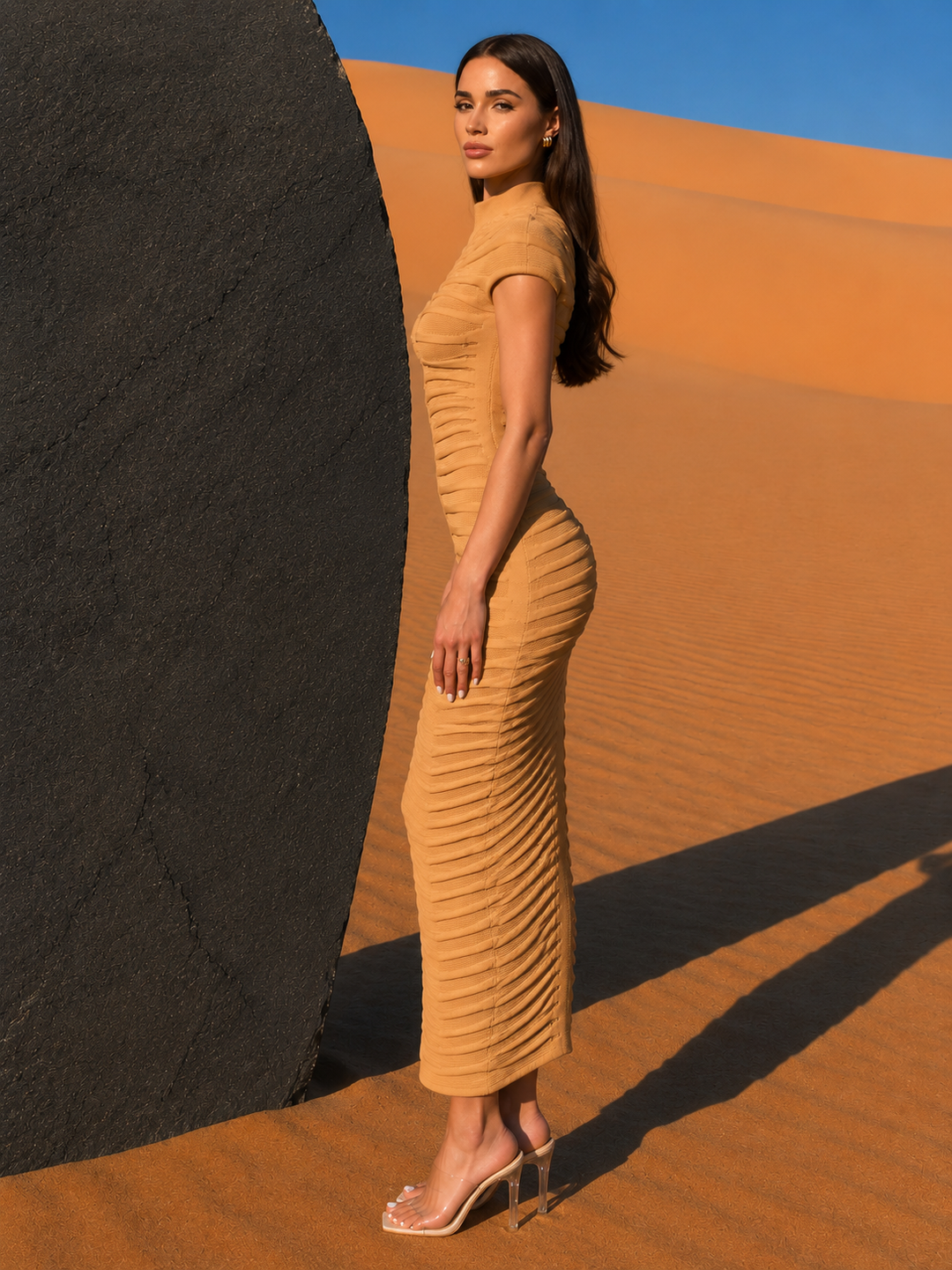 Textured High Neck Bodycon Maxi Dress