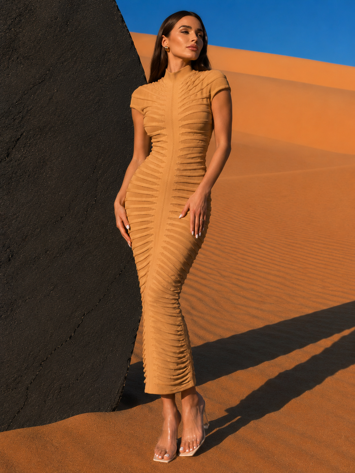 Textured High Neck Bodycon Maxi Dress
