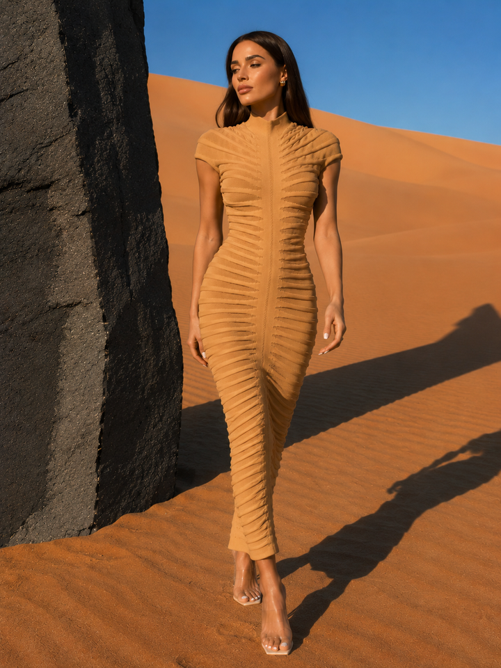 Textured High Neck Bodycon Maxi Dress