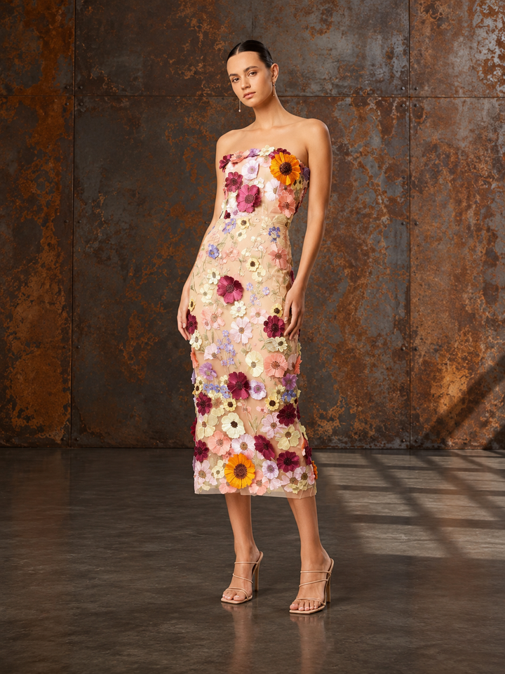 Floral Embroidered 3D Strapless Midi Dress
