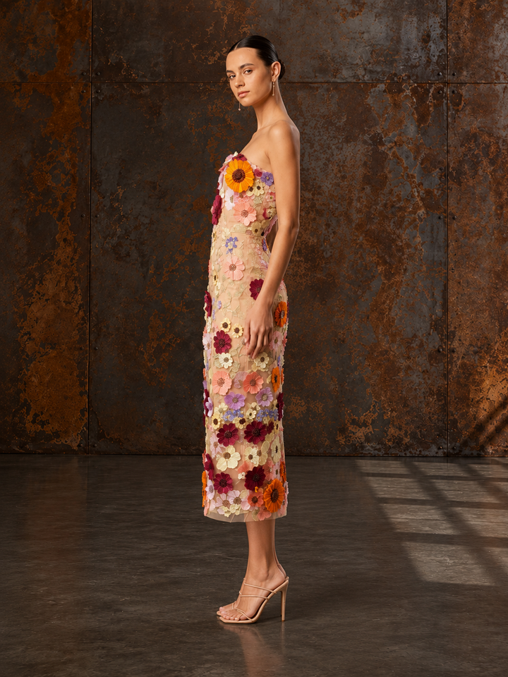 Floral Embroidered 3D Strapless Midi Dress