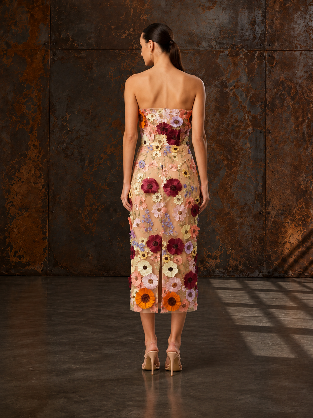 Floral Embroidered 3D Strapless Midi Dress
