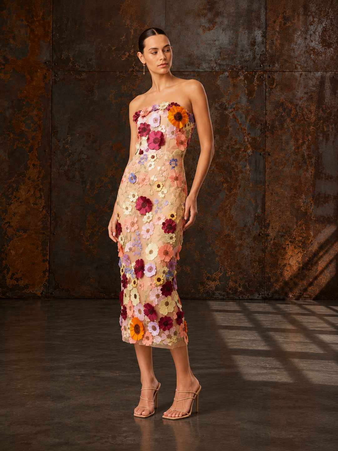 Floral Embroidered 3D Strapless Midi Dress