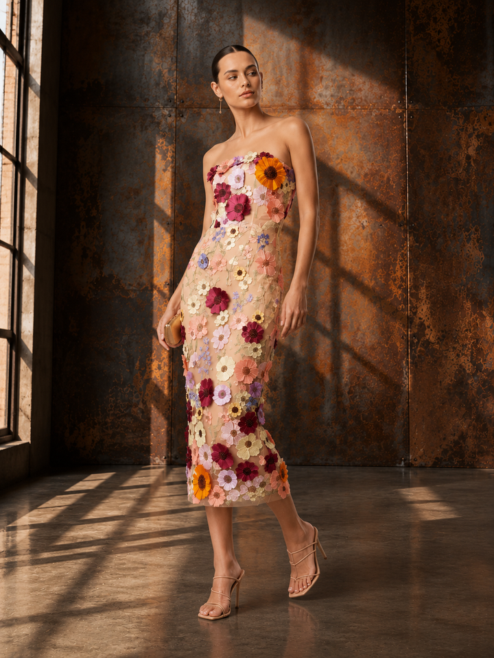 Floral Embroidered 3D Strapless Midi Dress